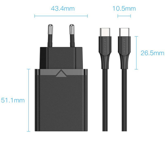 Vention Cargador de Pared FAHBF-EU 25W USB-C con Carga Rápida PD, 1 Puerto + Cable USB-C 1.5m